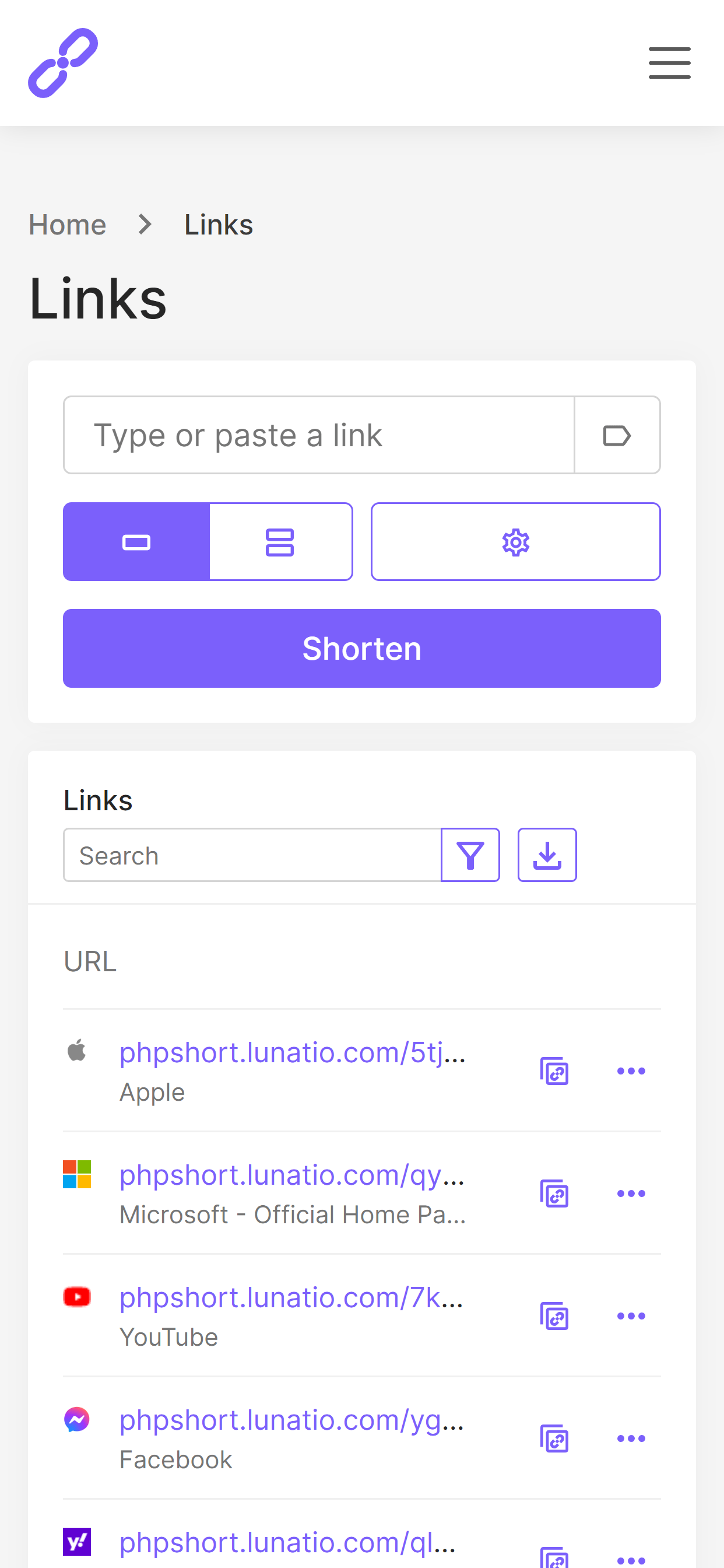 phpShort links mobile