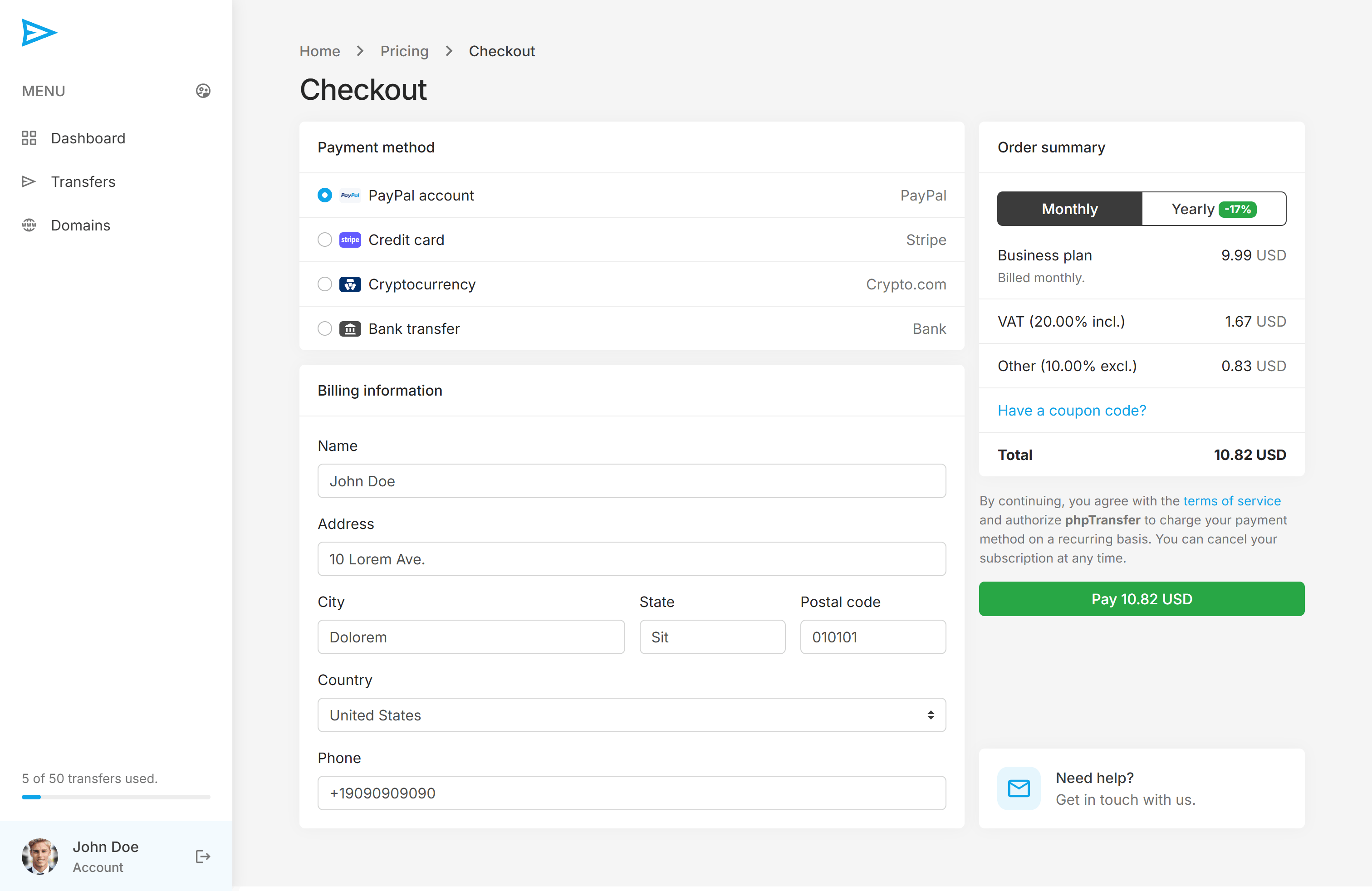 phpTransfer checkout